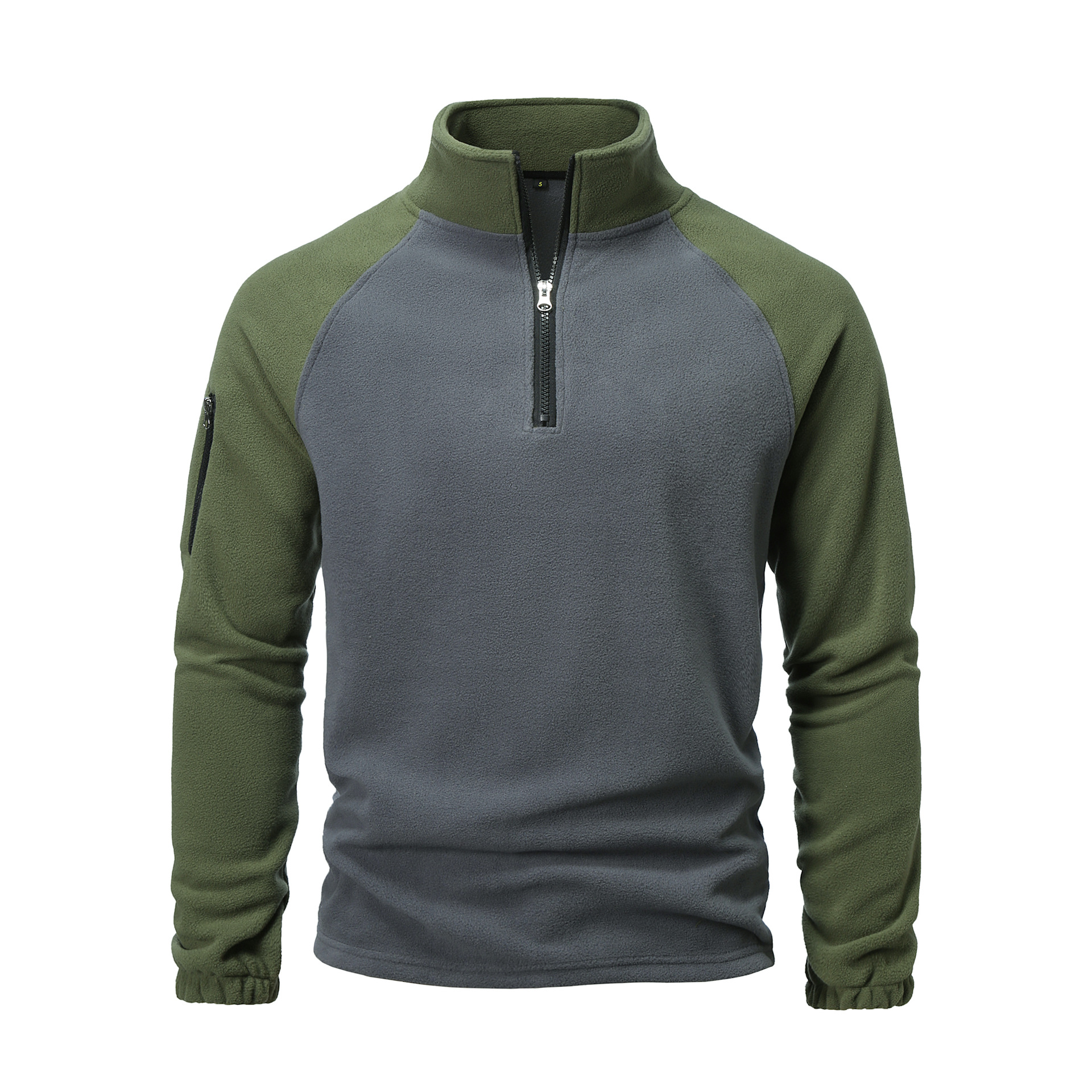 Men's fleece sweatshirt, autumn and winter color-blocked fleece pullover with stand collar.