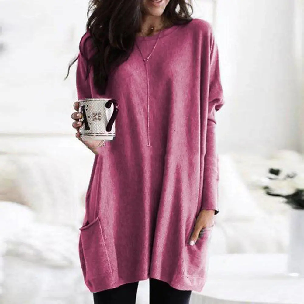 Women's Autumn Pullover Casual Round Neck Long Sleeve Pocket T-shirt Top