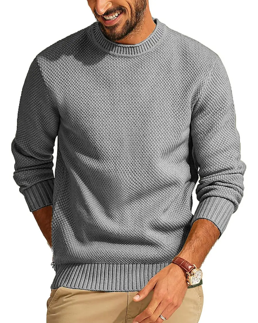 Men's Casual Pullover Solid Color Waffle Crew Neck Sweater