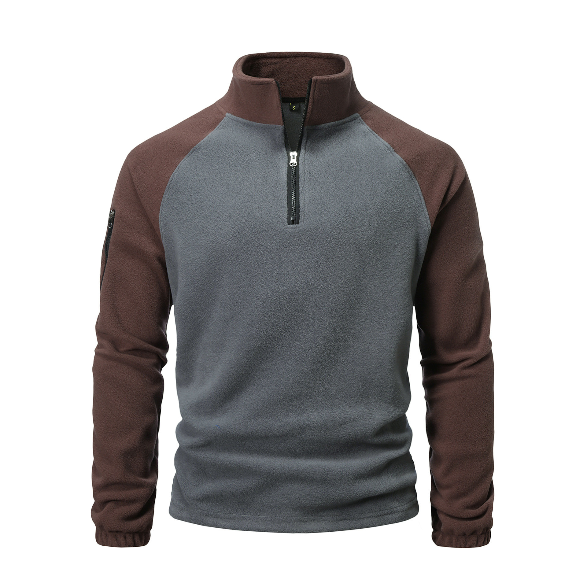Men's fleece sweatshirt, autumn and winter color-blocked fleece pullover with stand collar.