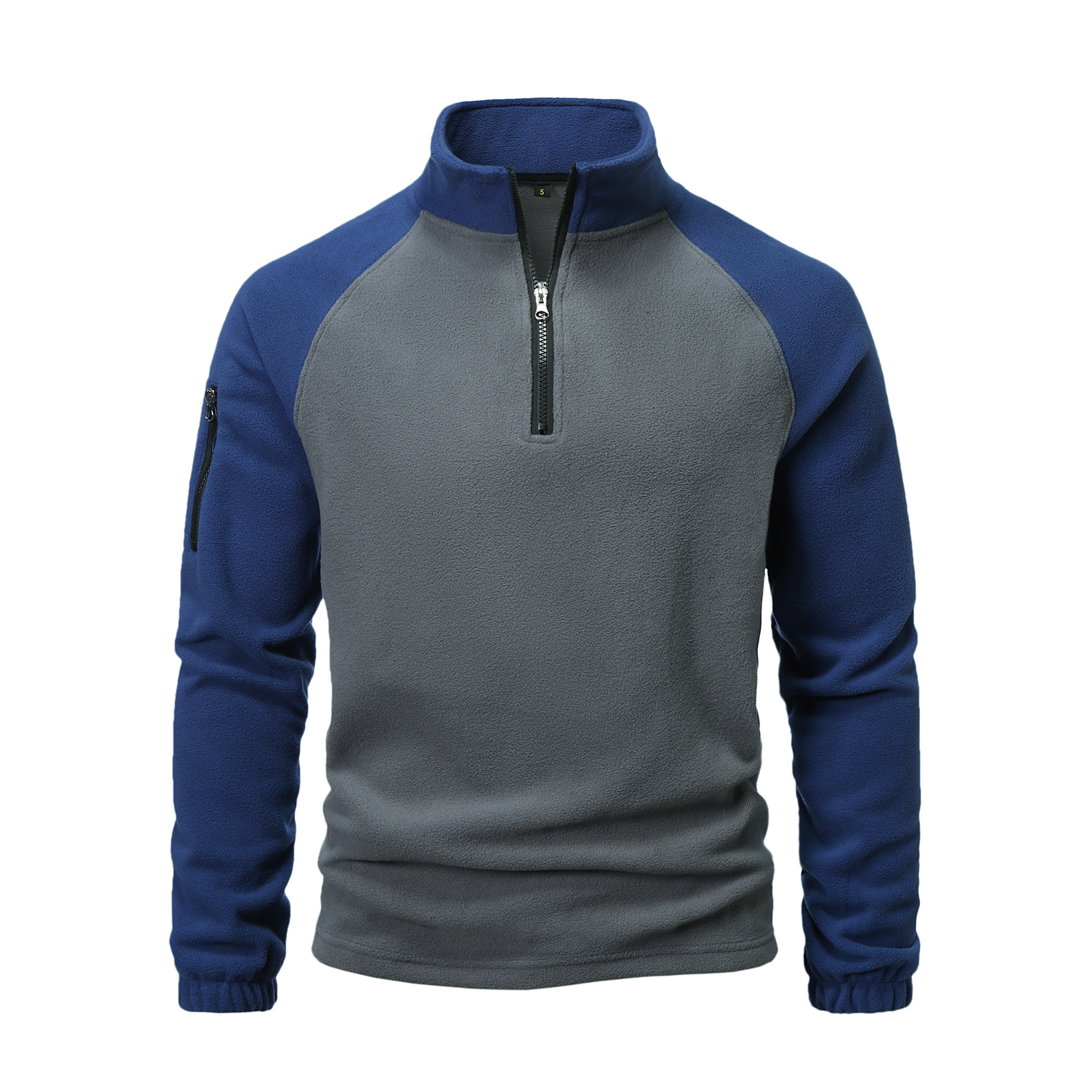 Men's fleece sweatshirt, autumn and winter color-blocked fleece pullover with stand collar.