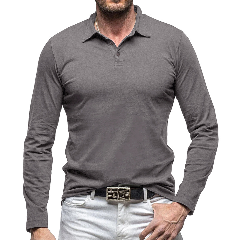 Outdoor Autumn/Winter New Style Lapel European and American Style Men's Solid Color Pure Cotton Long Sleeve Polo Shirt