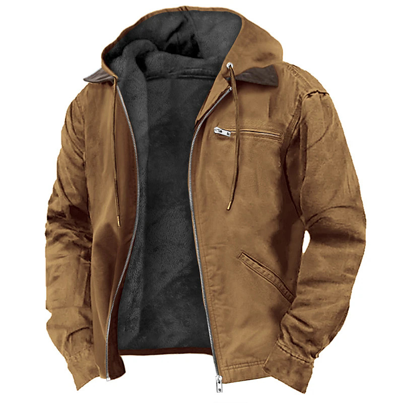 Solid color hooded cotton-padded casual men's jacket with fleece lining and zipper pockets