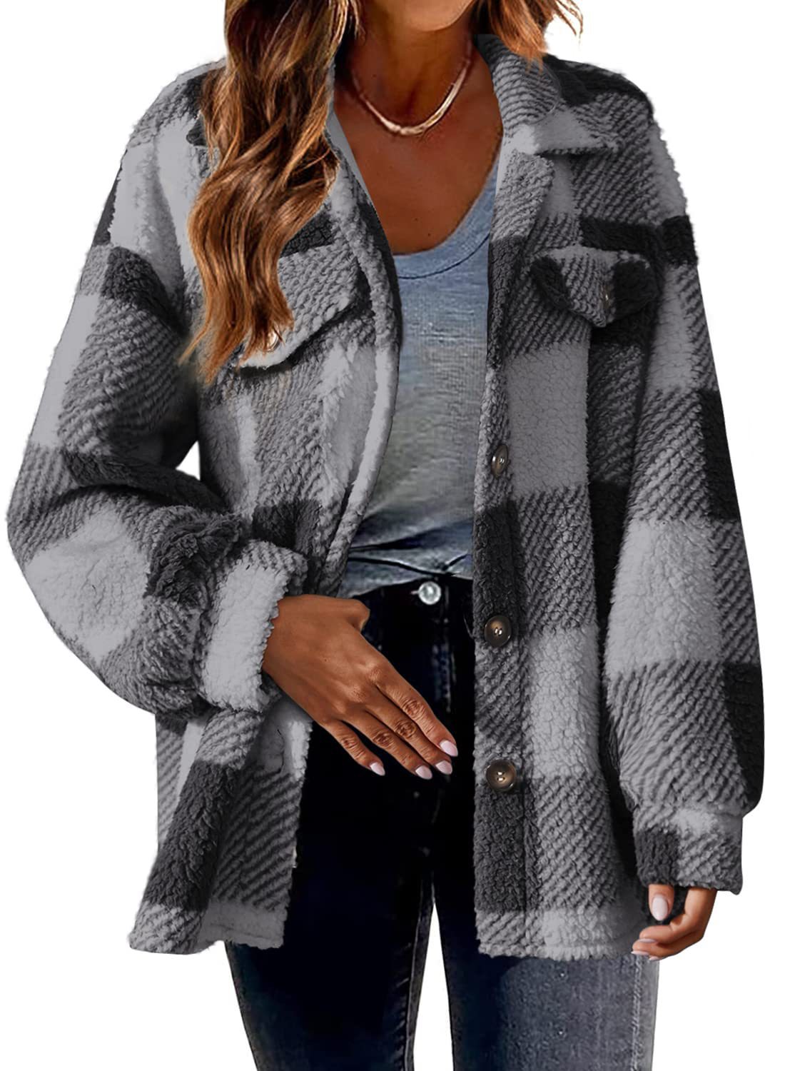 Women's plaid button-up fleece jacket