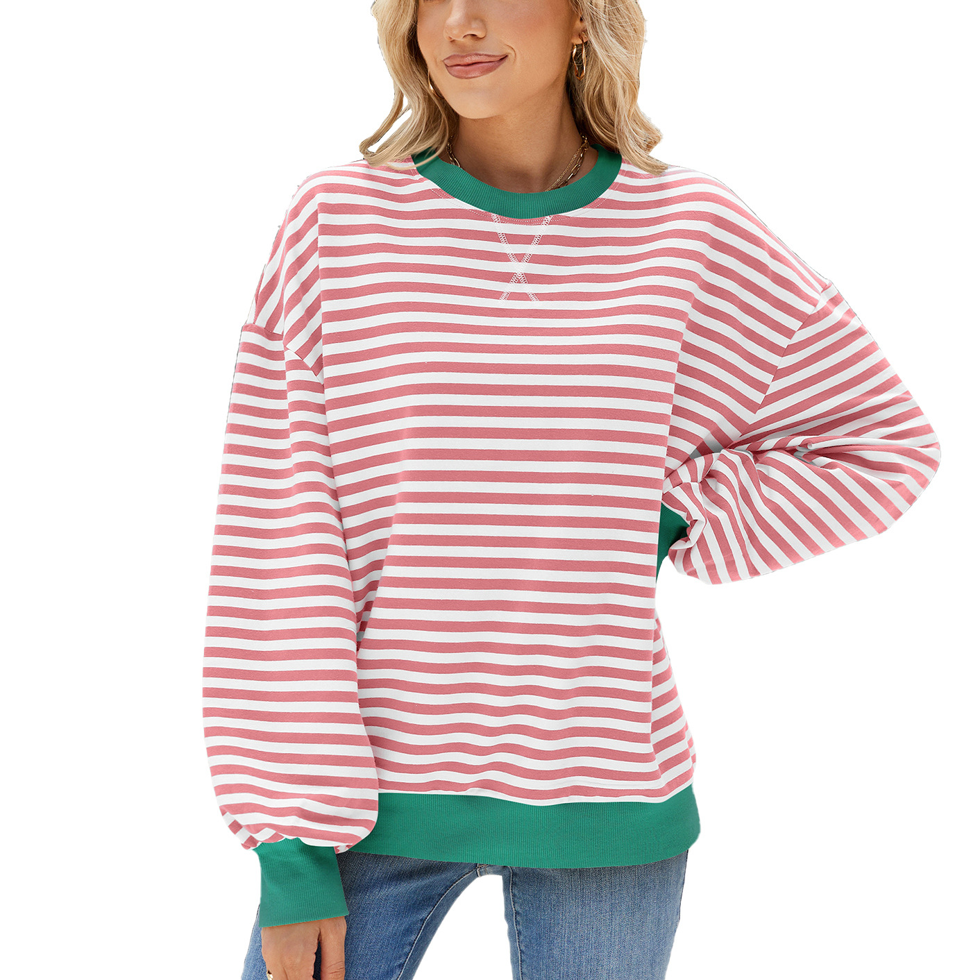 Women's Striped Crew Neck Color-Blocked Loose Long-Sleeved Sweatshirt