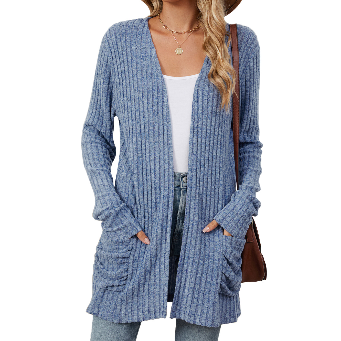 Women's Solid Color Pocket Long-Sleeved Base Cardigan Knitwear