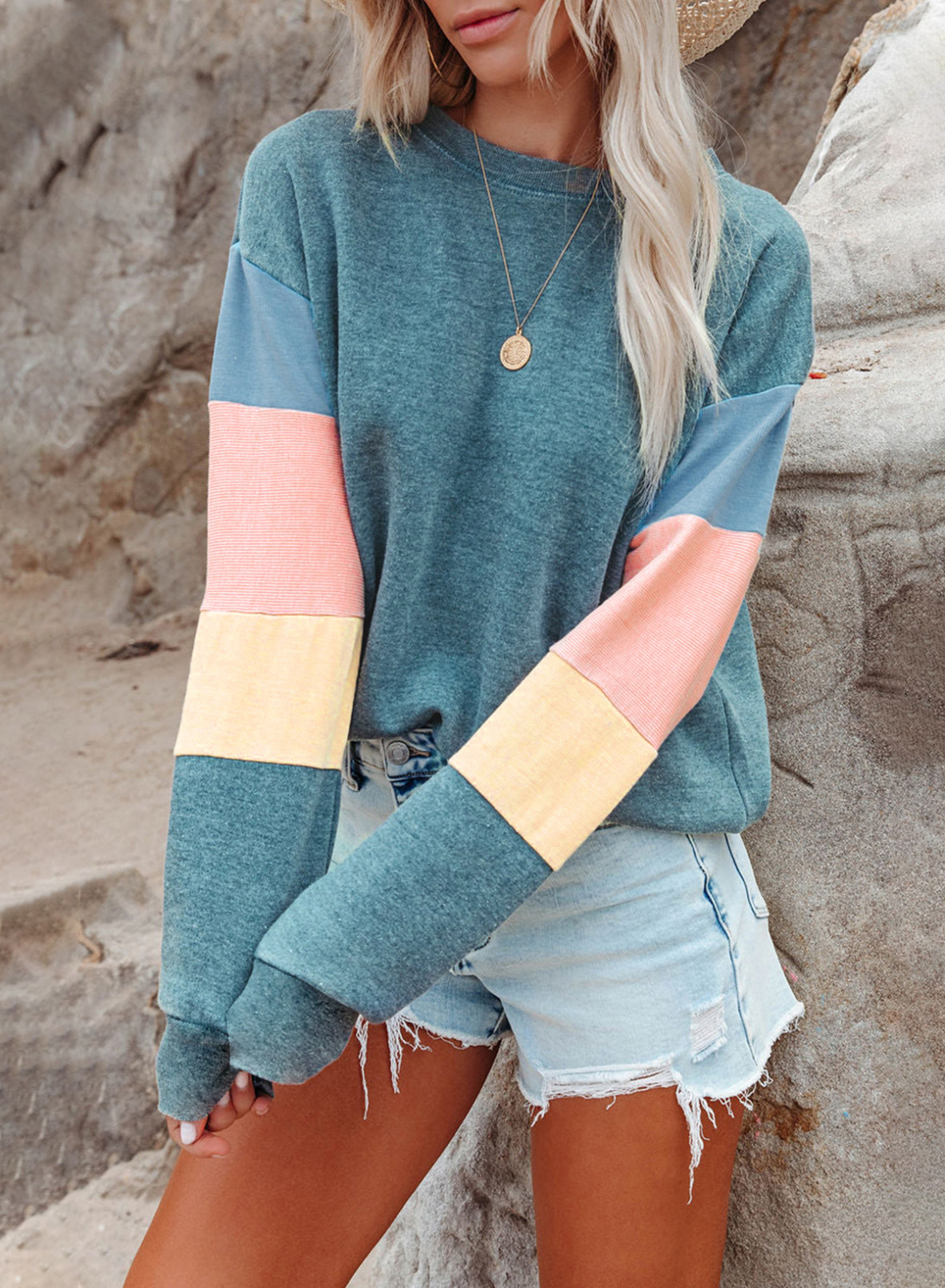 Women's Crew Neck Color Block Pullover Sweatshirt