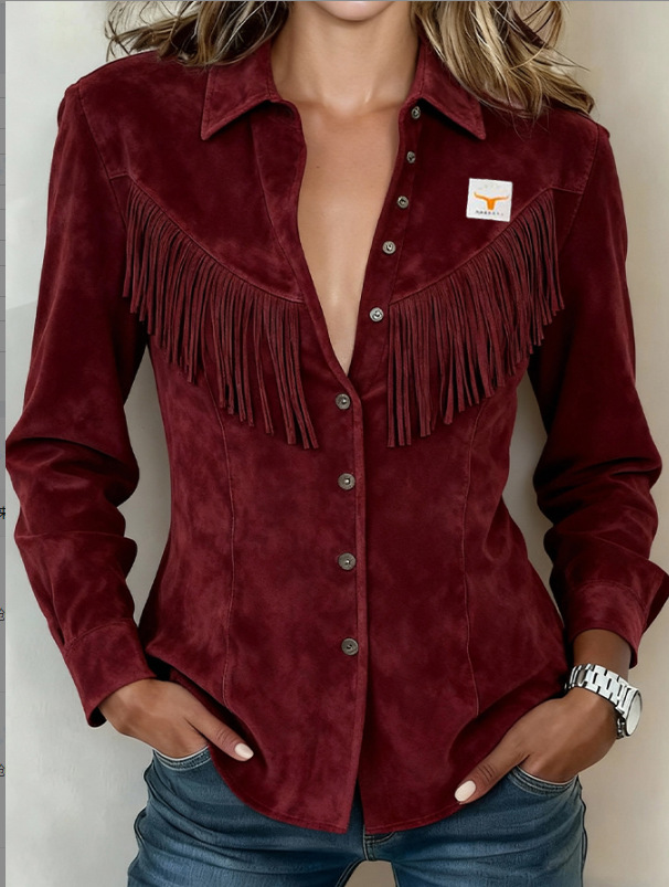 🔥Today 50% off🔥-Women's Western Cowboy Style Suede Fringe Slim Fit Long-Sleeved Shirt