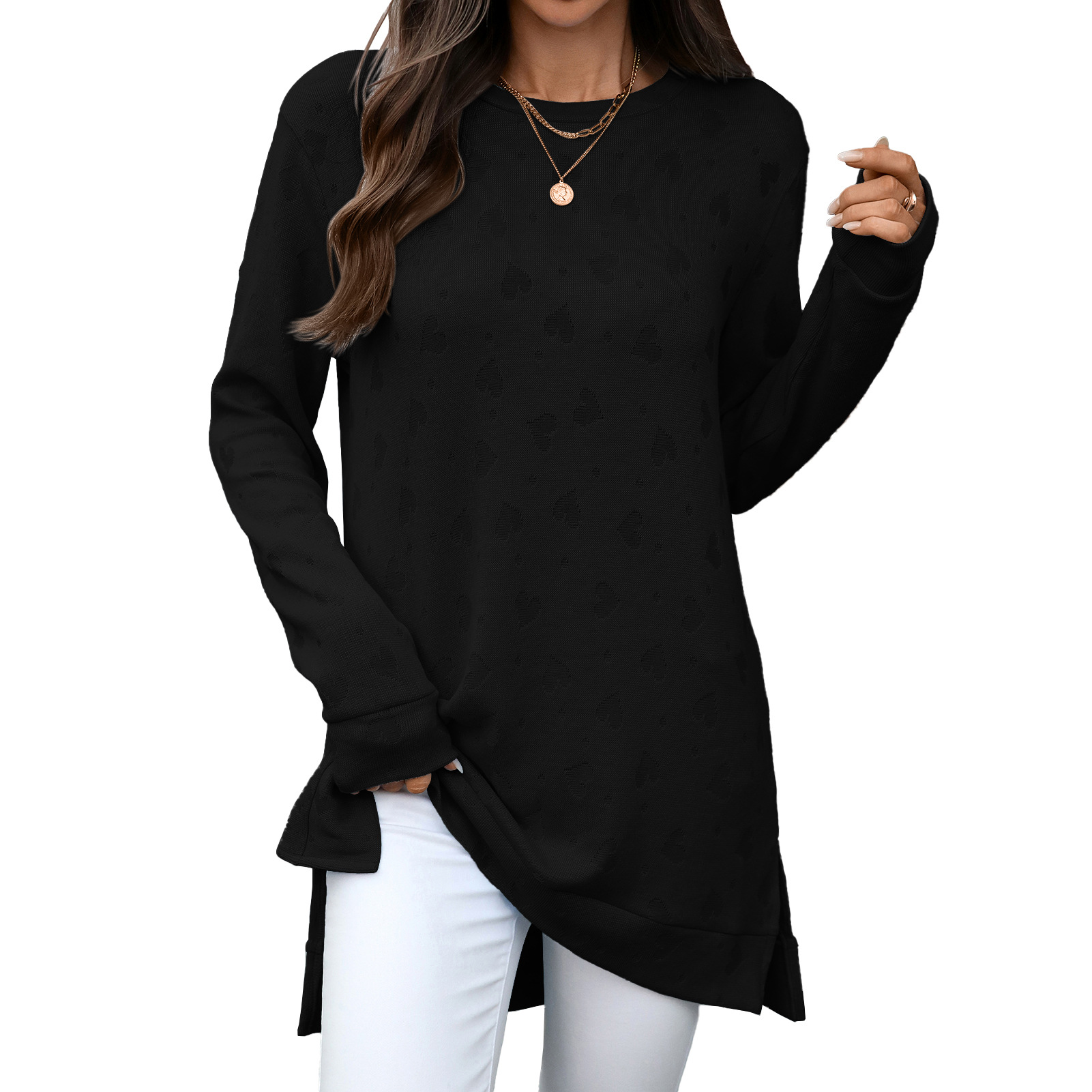 Women's solid color round neck loose long sleeve