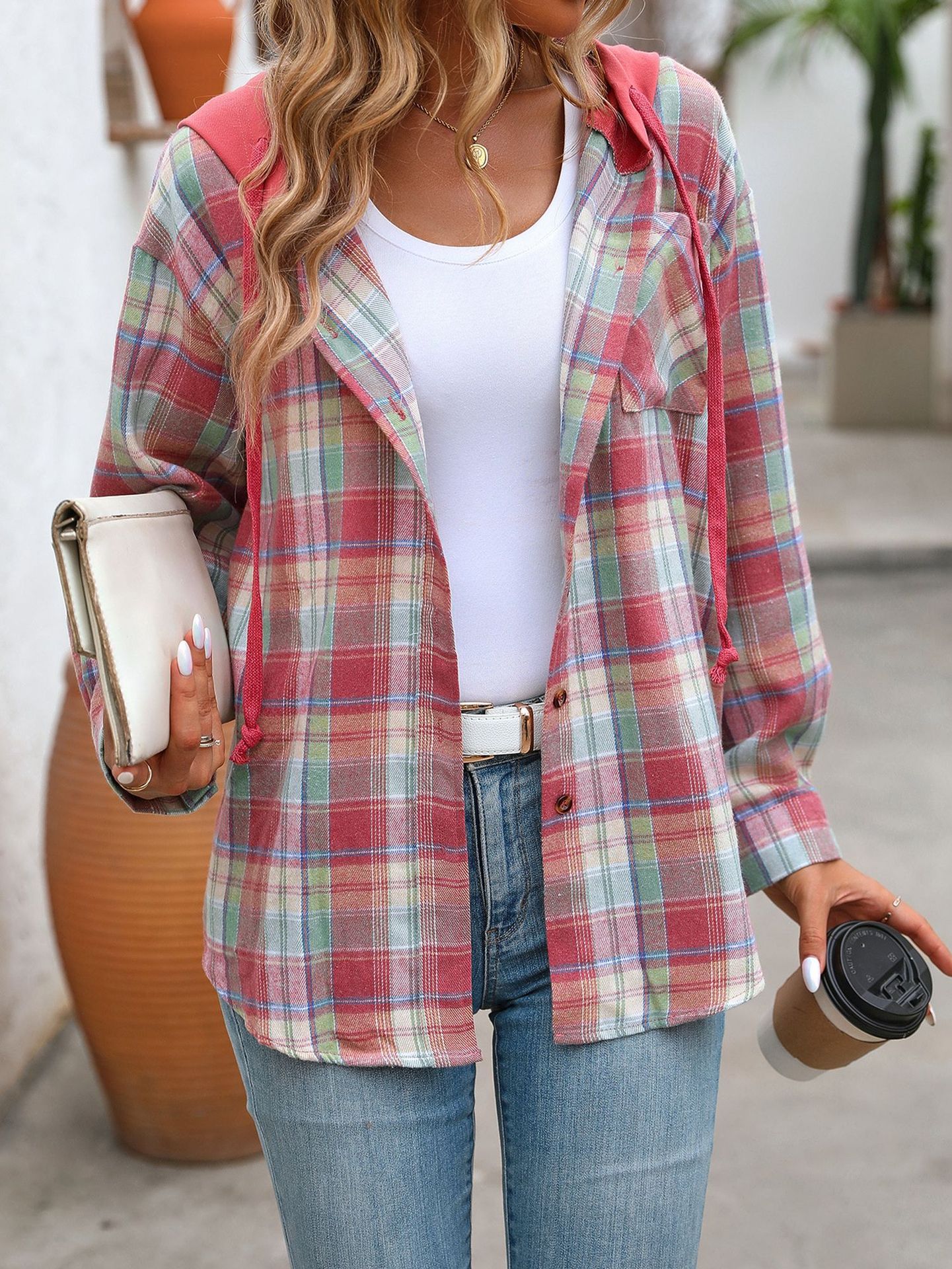 Women's fashionable casual hooded color-blocked plaid jacket shirt
