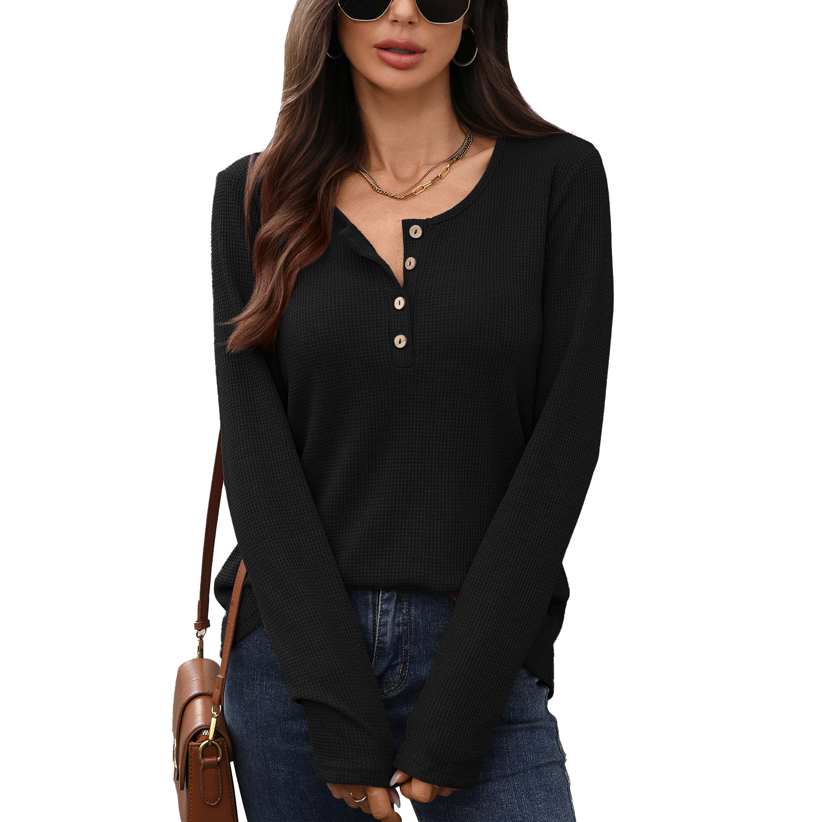 Women's solid color round neck button loose long sleeve