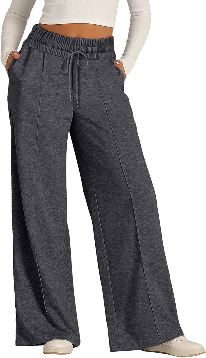 Women's solid color casual wide-leg drawstring elastic waist sweatpants