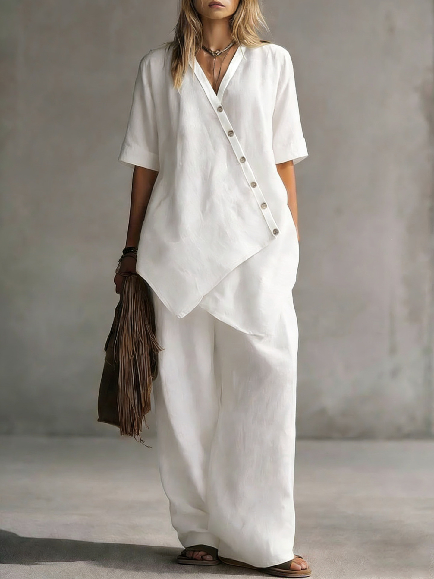 Women's Linen-Blend Two-Piece Set: Asymmetrical Shirt & Wide-Leg Pants — Casual & Relaxed Attire