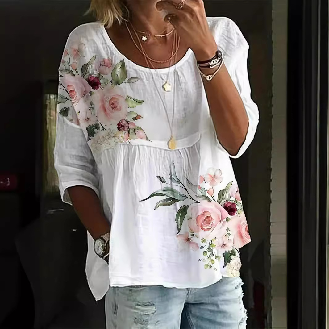 Pink Green Flower Print White Tunic Top