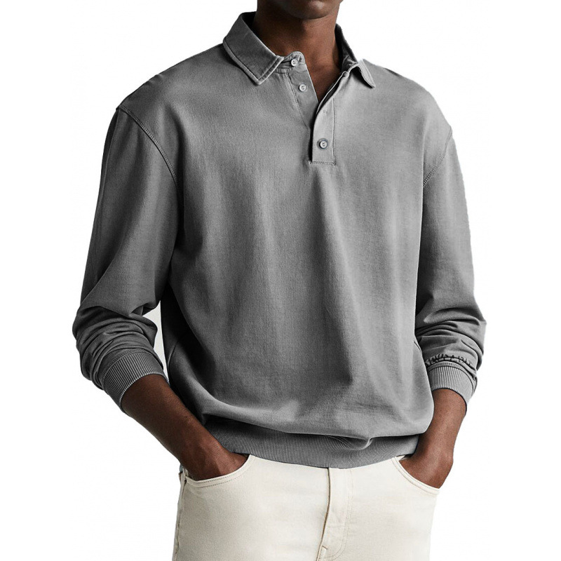 Men's Retro Distressed Comfortable Long Sleeve Lapel Polo Shirt