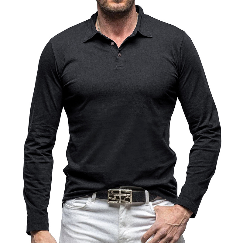 Outdoor Autumn/Winter New Style Lapel European and American Style Men's Solid Color Pure Cotton Long Sleeve Polo Shirt