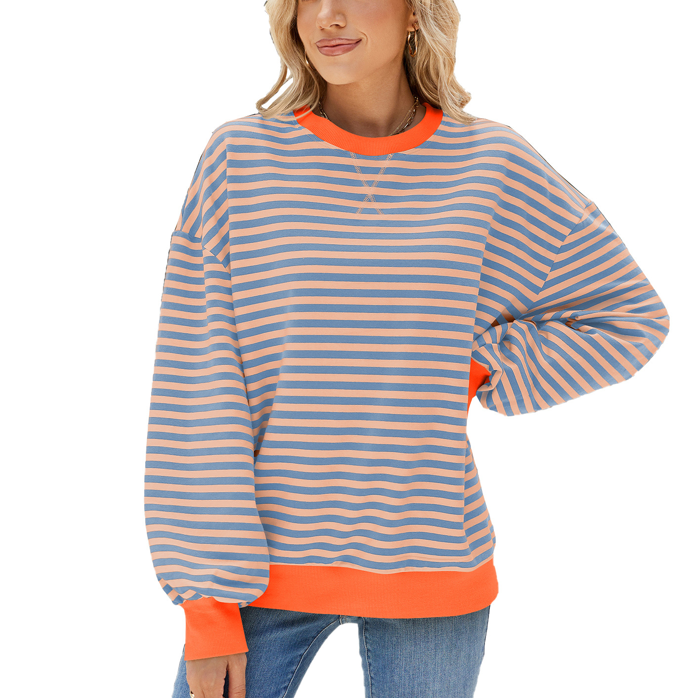Women's Striped Crew Neck Color-Blocked Loose Long-Sleeved Sweatshirt