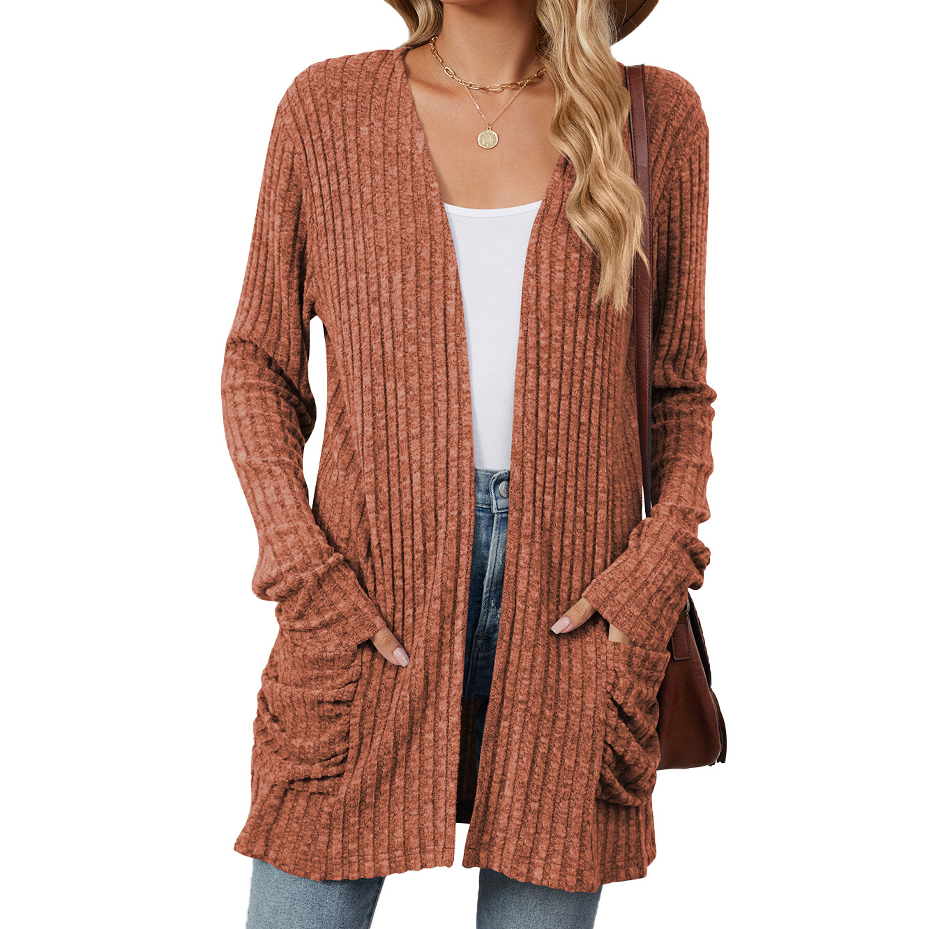 Women's Solid Color Pocket Long-Sleeved Base Cardigan Knitwear