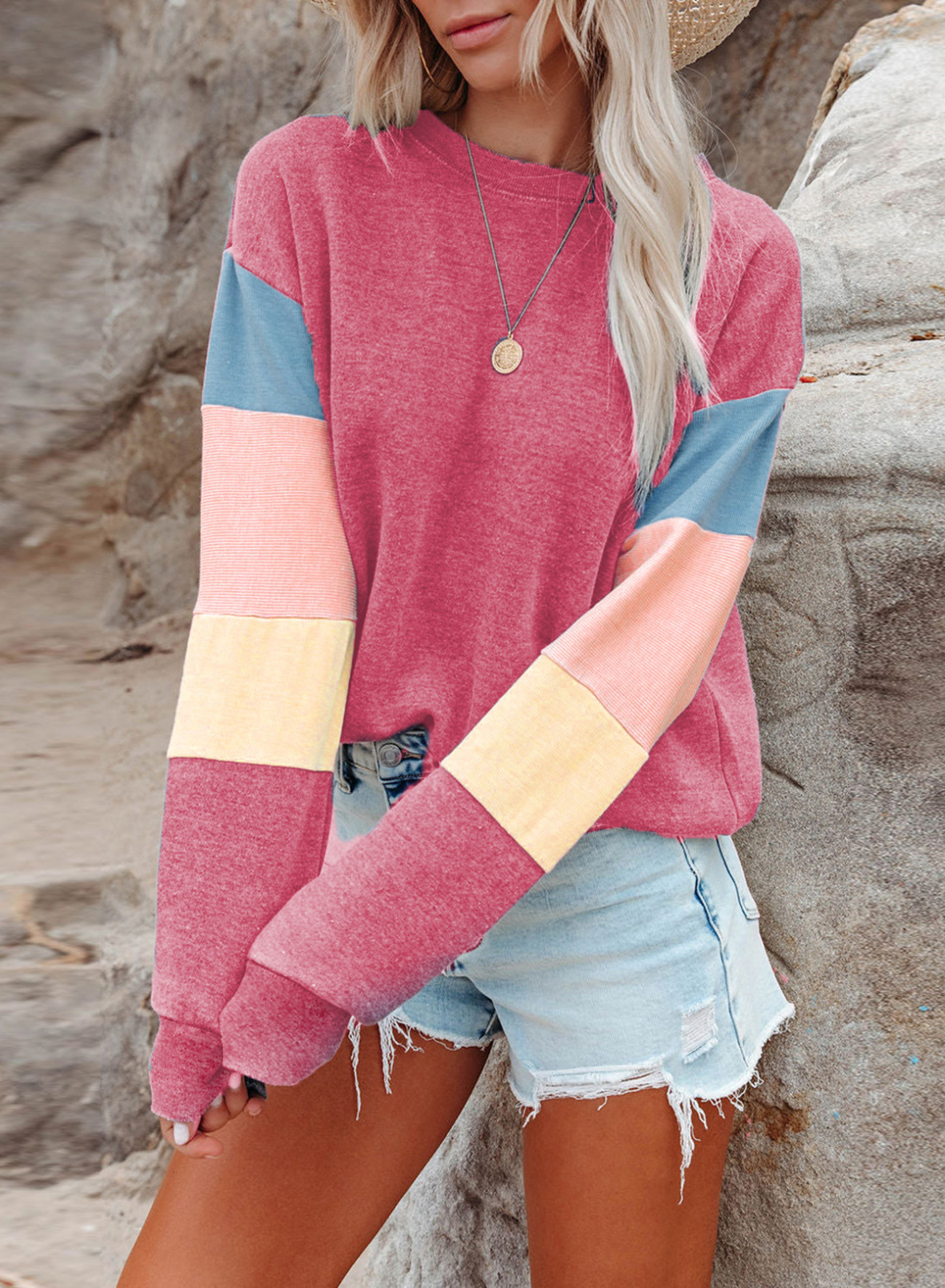Women's Crew Neck Color Block Pullover Sweatshirt