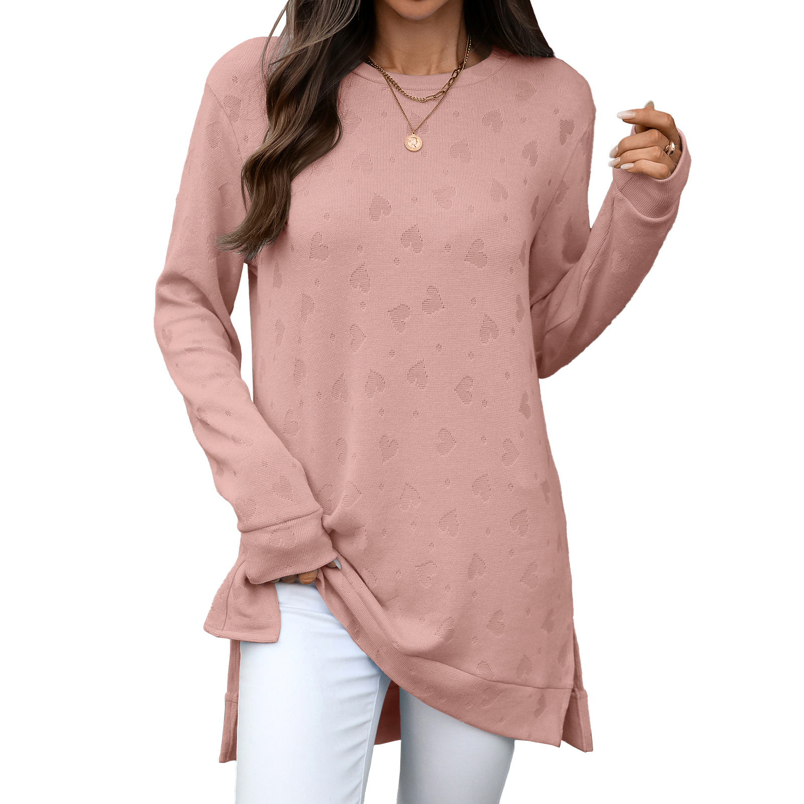 Women's solid color round neck loose long sleeve