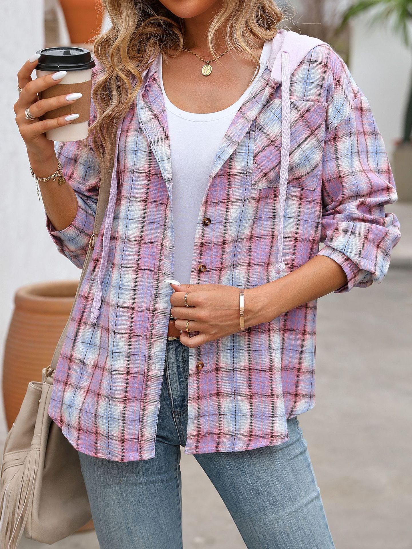 Women's fashionable casual hooded color-blocked plaid jacket shirt