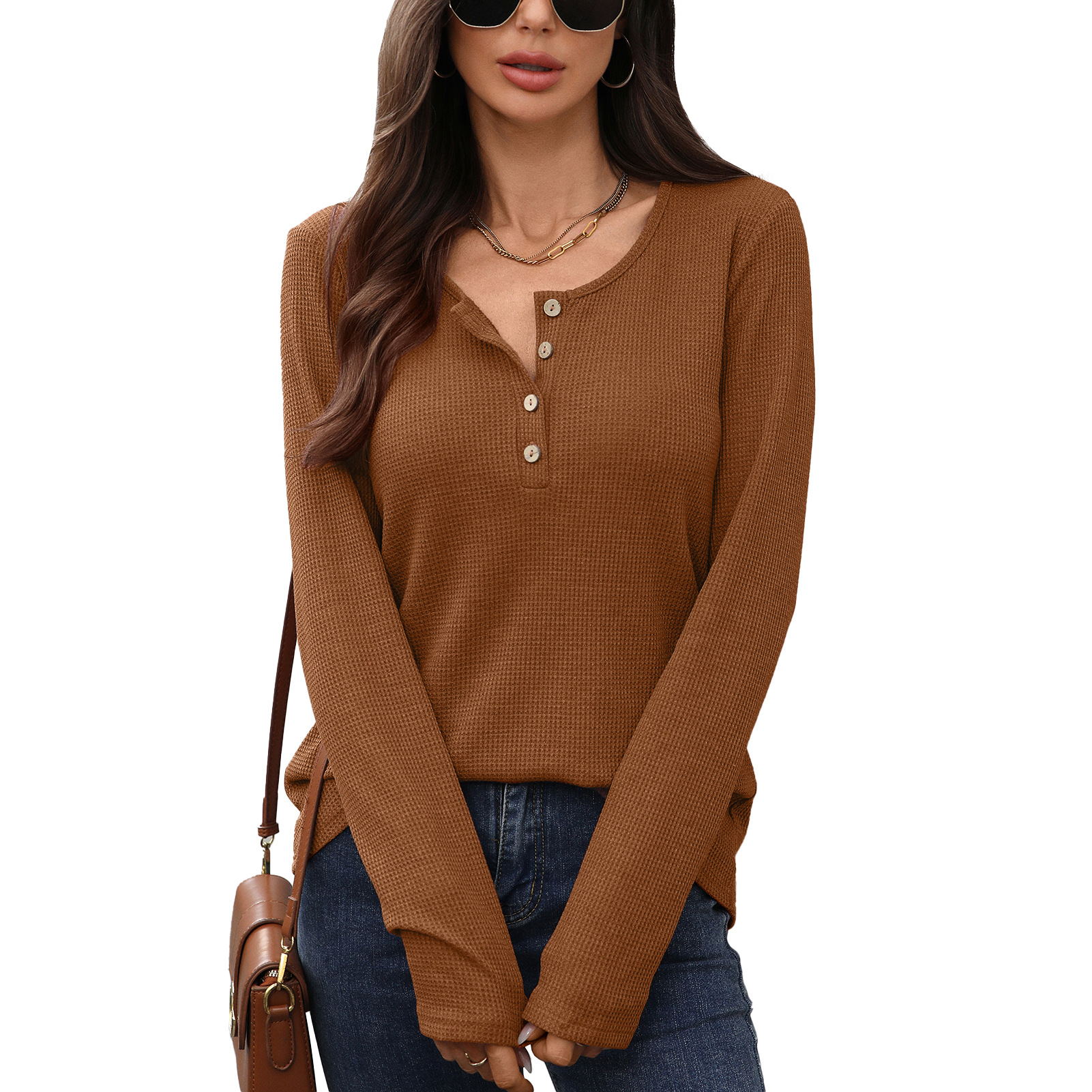 Women's solid color round neck button loose long sleeve