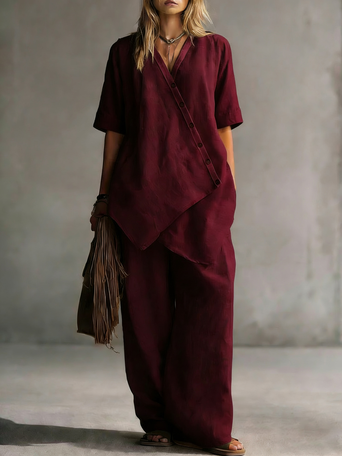 Women's Linen-Blend Two-Piece Set: Asymmetrical Shirt & Wide-Leg Pants — Casual & Relaxed Attire