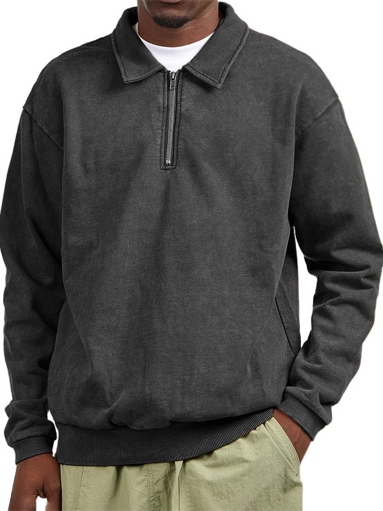 Men's Retro Distressed Collar Zip Long Sleeve Sweatshirt