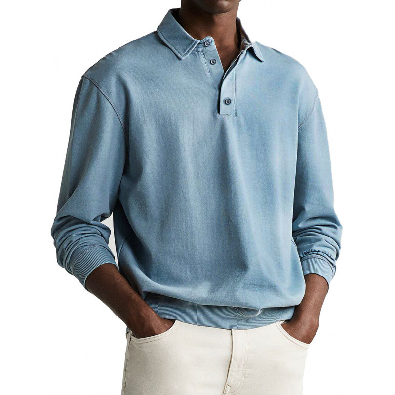 Men's Retro Distressed Comfortable Long Sleeve Lapel Polo Shirt