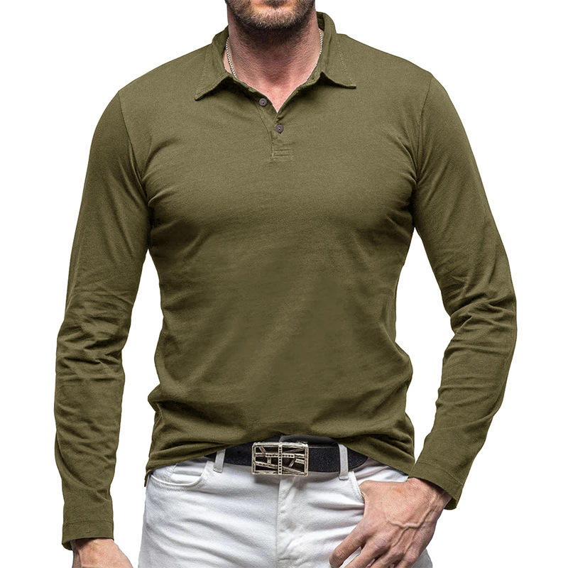 Outdoor Autumn/Winter New Style Lapel European and American Style Men's Solid Color Pure Cotton Long Sleeve Polo Shirt