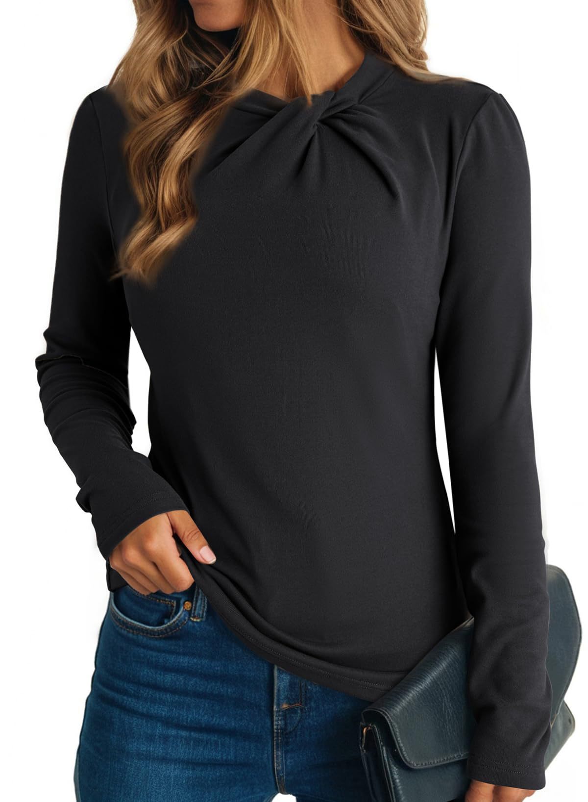 Women's solid color cross-over round neck pleated slim-fit long-sleeved top