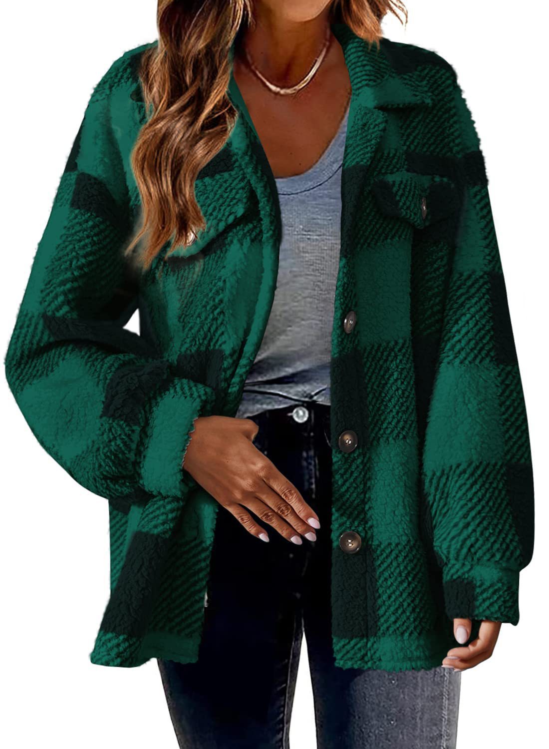 Women's plaid button-up fleece jacket
