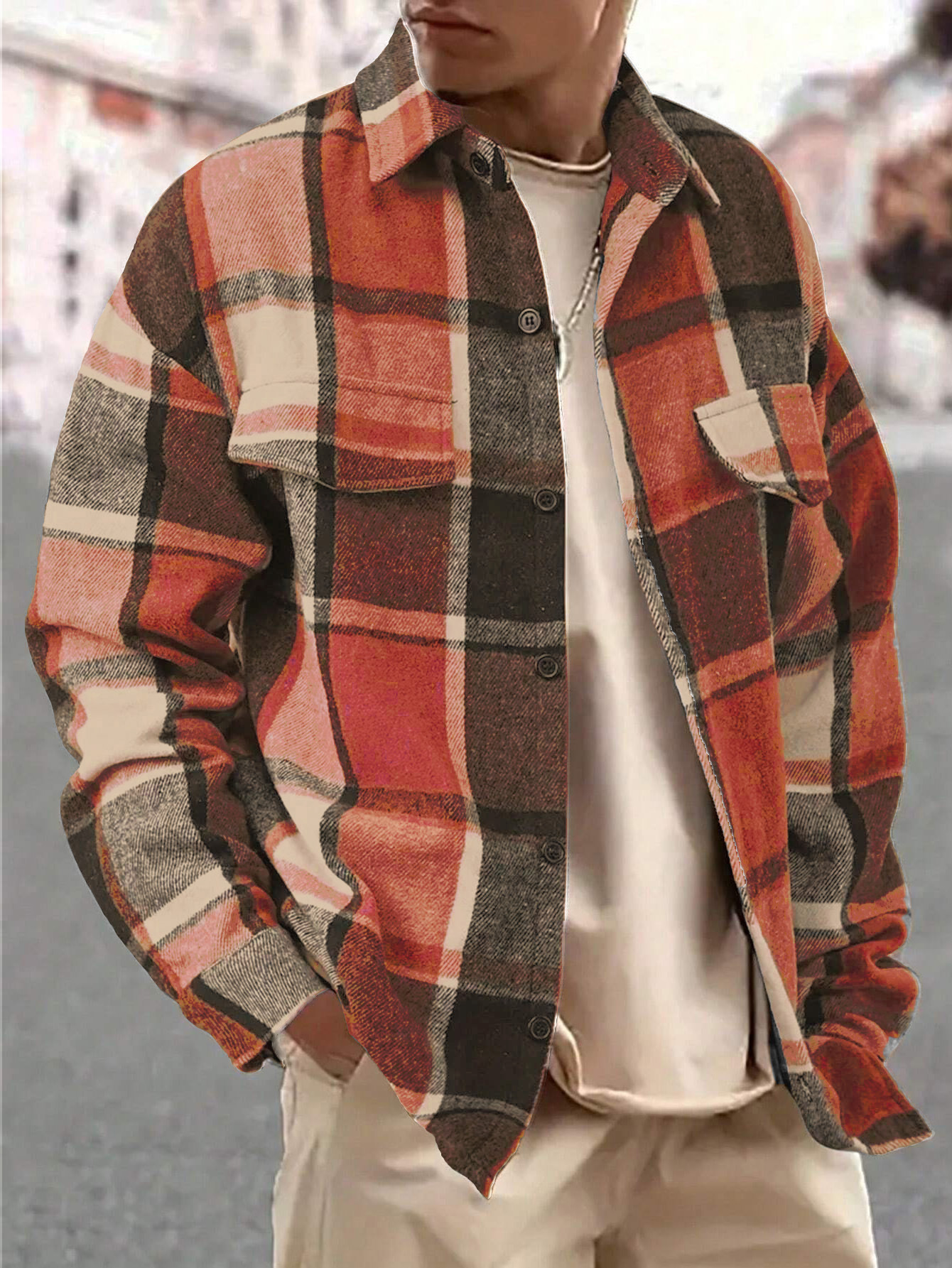 Men's retro checkered shirt with turn-down collar