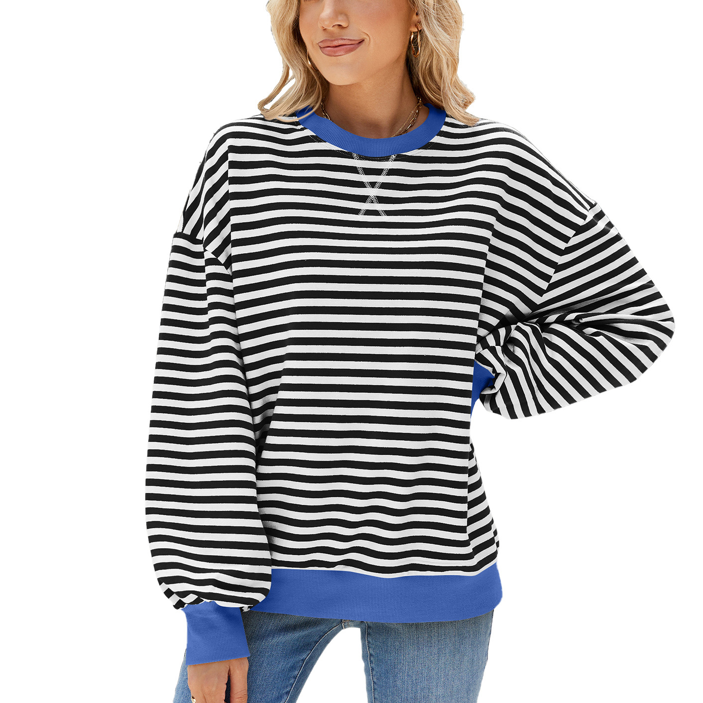 Women's Striped Crew Neck Color-Blocked Loose Long-Sleeved Sweatshirt