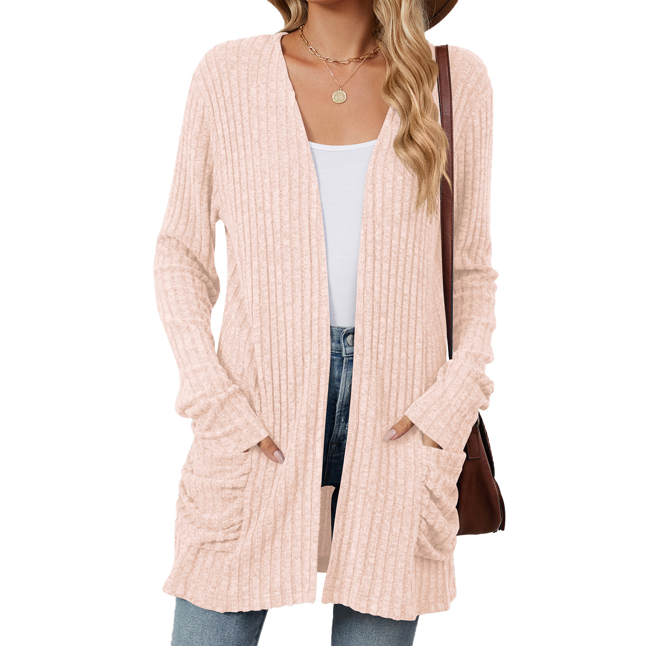 Women's Solid Color Pocket Long-Sleeved Base Cardigan Knitwear