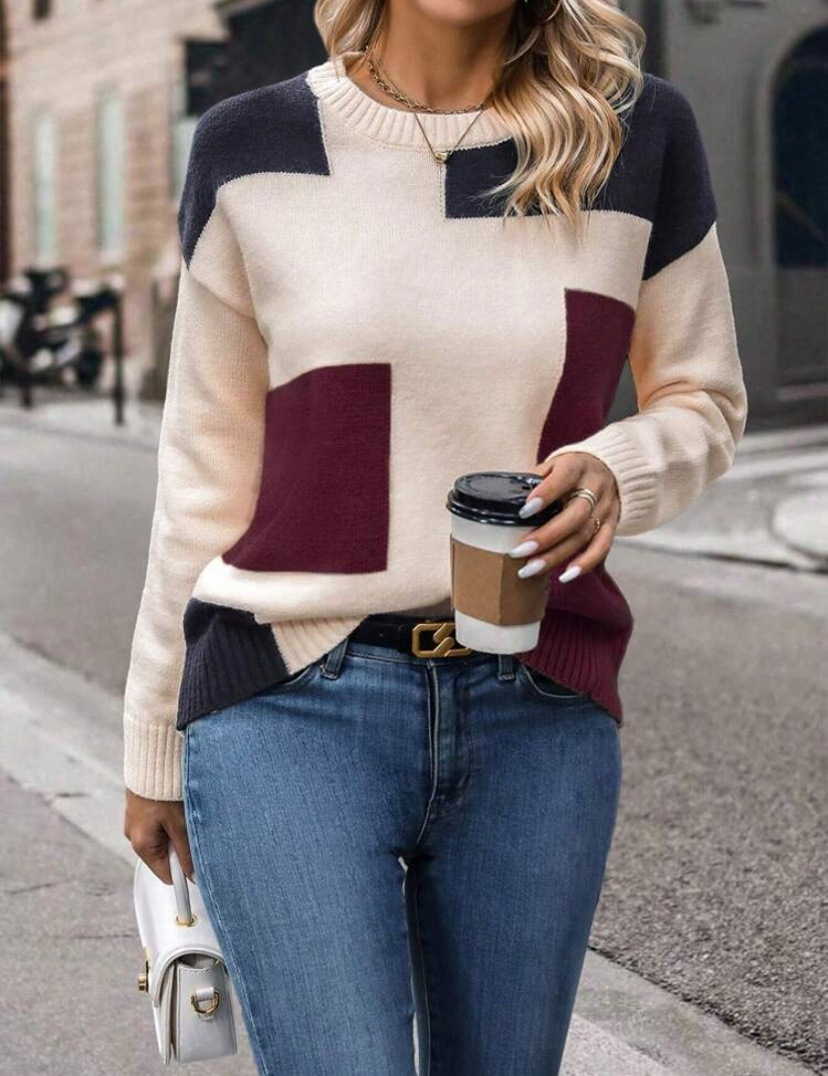 Women's Color-Blocked Knit Crew Neck Sweater