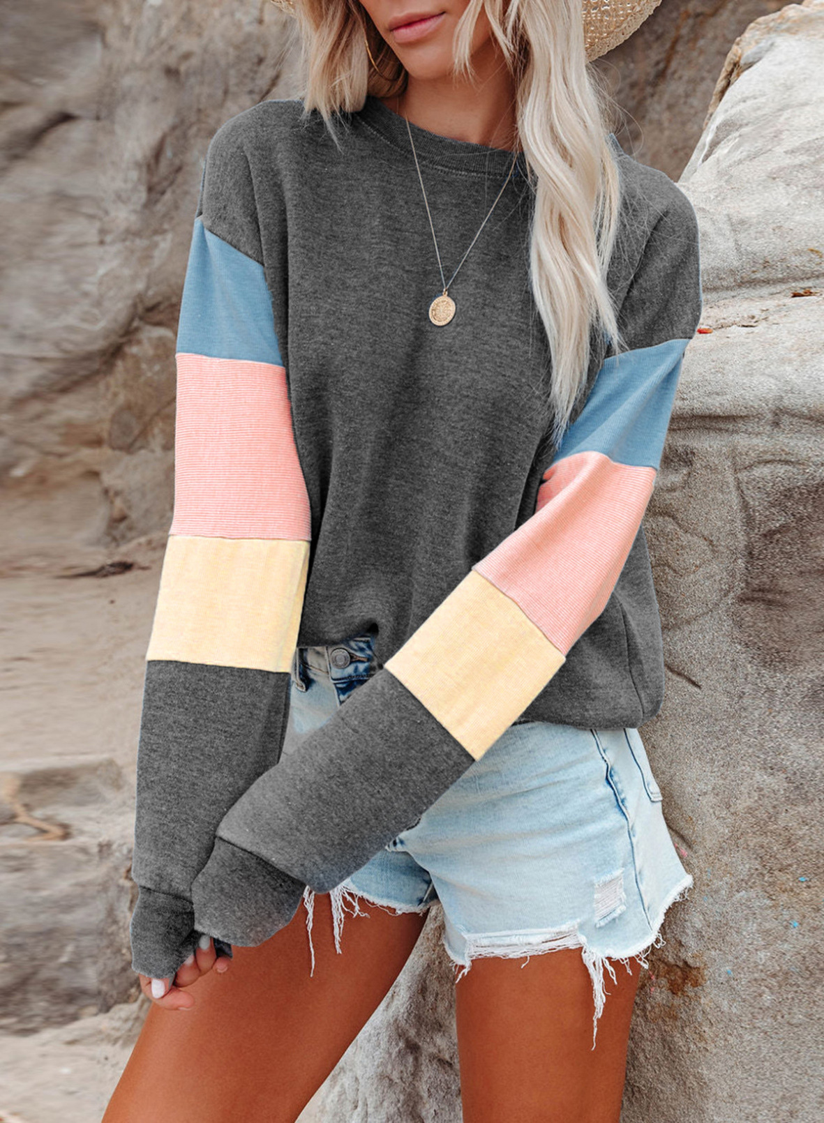 Women's Crew Neck Color Block Pullover Sweatshirt