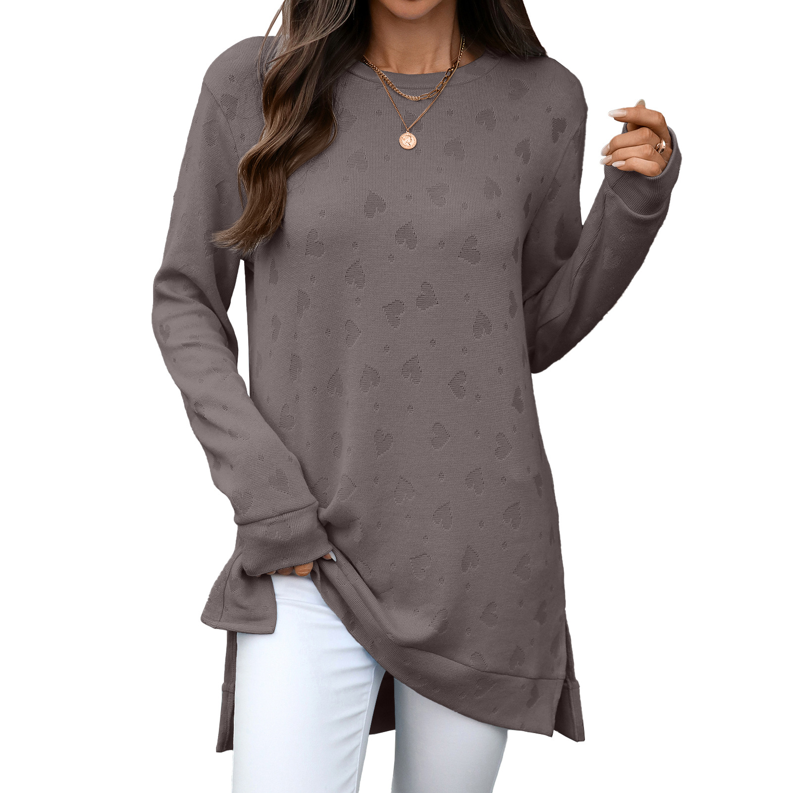 Women's solid color round neck loose long sleeve