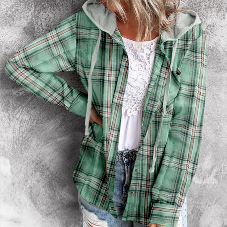 Women's fashionable casual hooded color-blocked plaid jacket shirt