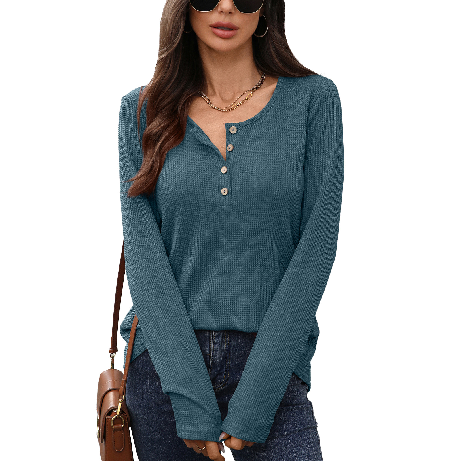 Women's solid color round neck button loose long sleeve