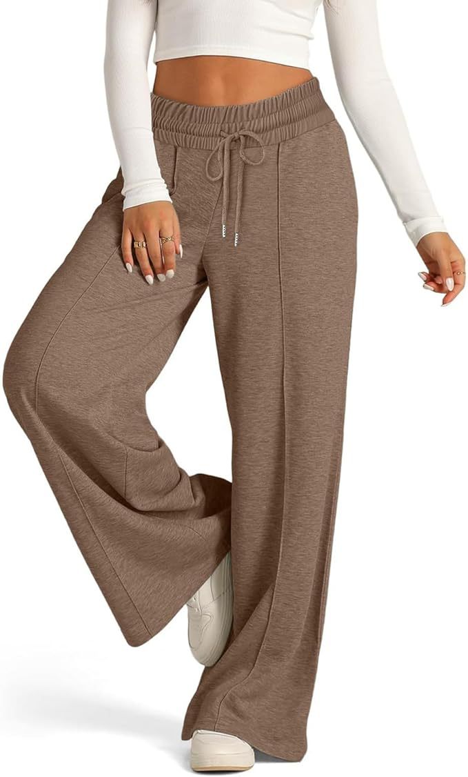 Women's solid color casual wide-leg drawstring elastic waist sweatpants