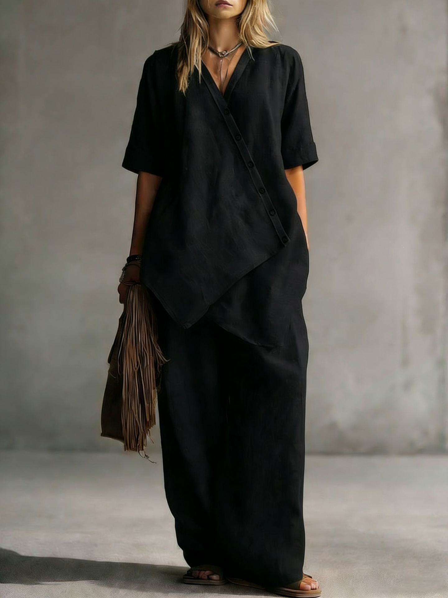 Women's Linen-Blend Two-Piece Set: Asymmetrical Shirt & Wide-Leg Pants — Casual & Relaxed Attire