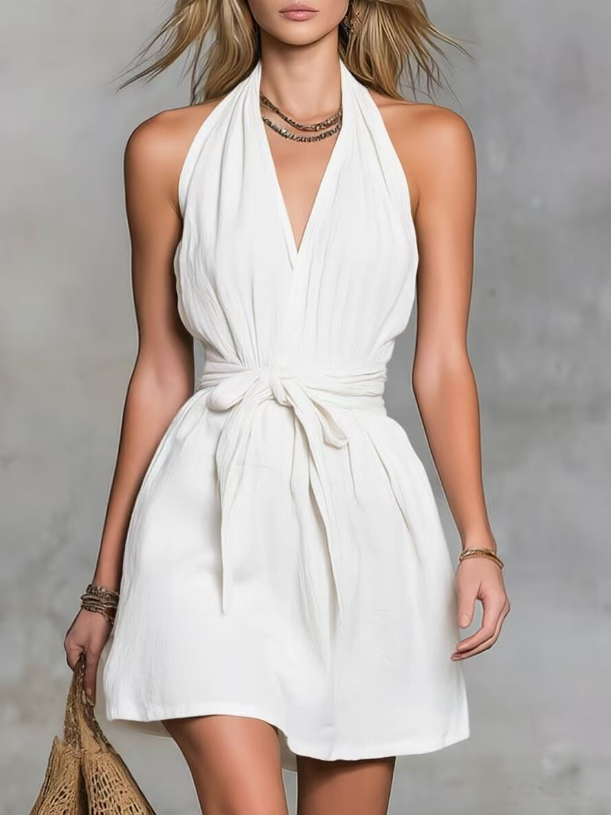 Women's V-Neck Waist-Cinching Tie-Belt Casual Vacation Dress