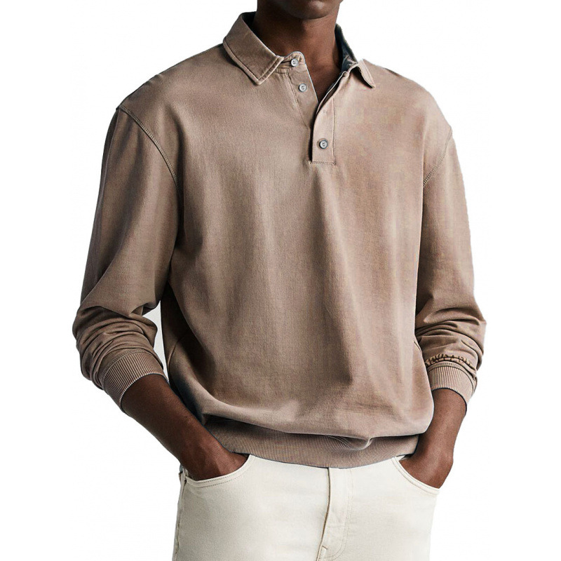 Men's Retro Distressed Comfortable Long Sleeve Lapel Polo Shirt