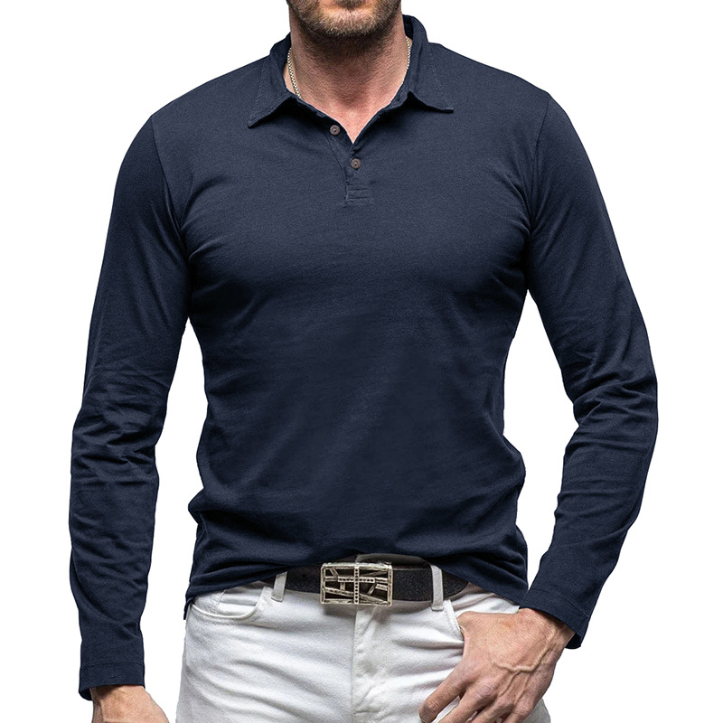 Outdoor Autumn/Winter New Style Lapel European and American Style Men's Solid Color Pure Cotton Long Sleeve Polo Shirt
