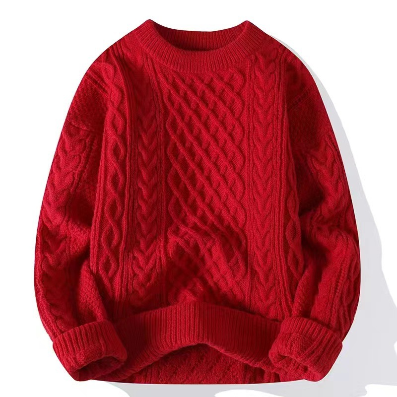 Men's and women's autumn and winter round neck fleece-lined solid color knitted sweaters