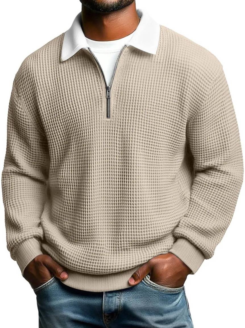 Men's collared long-sleeved polo shirt with half-zip closure