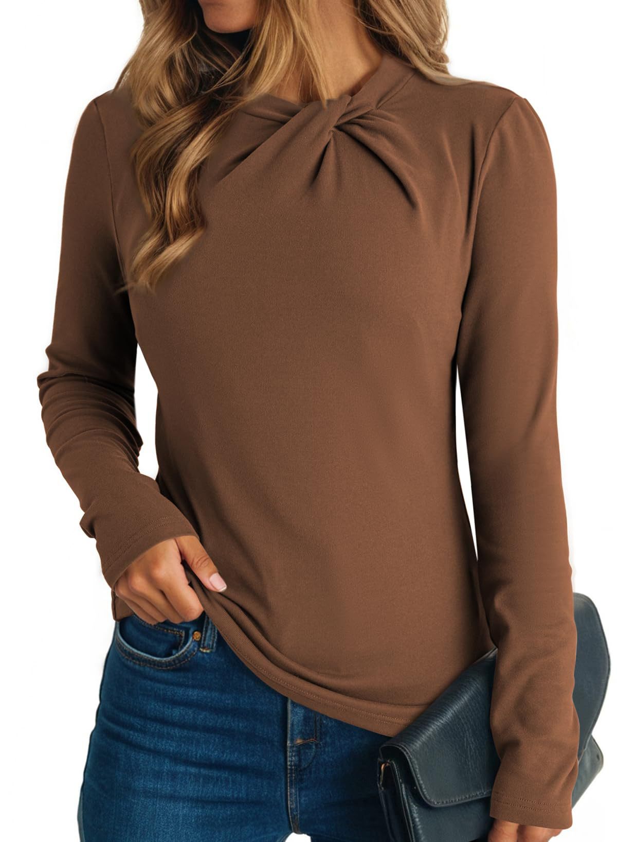 Women's solid color cross-over round neck pleated slim-fit long-sleeved top