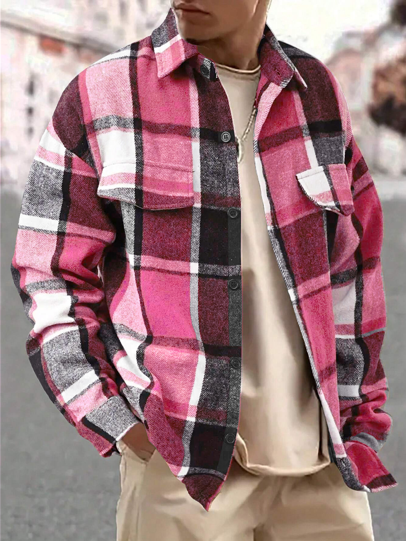 Men's retro checkered shirt with turn-down collar