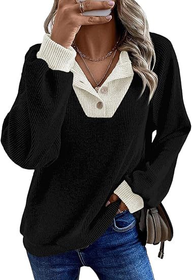 ✨Women's Colorblock Button Up V Neck Long Sleeve Casual Sweatshirts